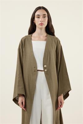 Gold Düğmeli %100 Pamuk Kaftan Haki