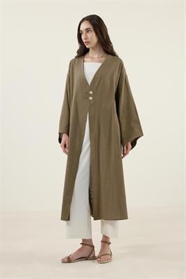 Gold Düğmeli %100 Pamuk Kaftan Haki