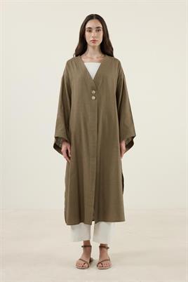 Gold Düğmeli %100 Pamuk Kaftan Haki