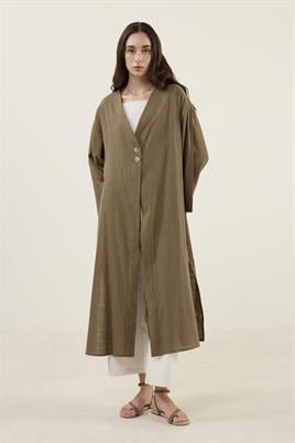 Gold Düğmeli %100 Pamuk Kaftan Haki
