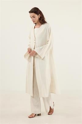 Gold Düğmeli %100 Pamuk Kaftan Naturel