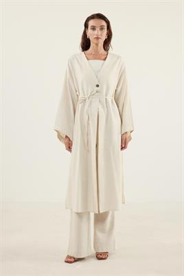 Gold Düğmeli %100 Pamuk Kaftan Naturel