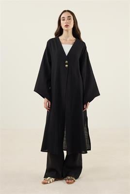 Gold Düğmeli %100 Pamuk Kaftan Siyah