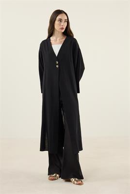 Gold Düğmeli %100 Pamuk Kaftan Siyah