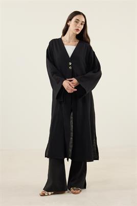 Gold Düğmeli %100 Pamuk Kaftan Siyah