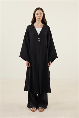 Gold Düğmeli %100 Pamuk Kaftan Siyah