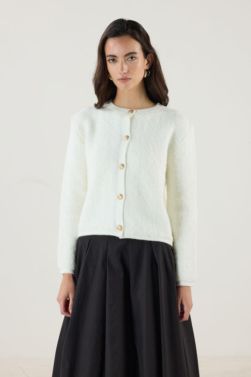 Gold Düğmeli Kalın Hırka Ekru