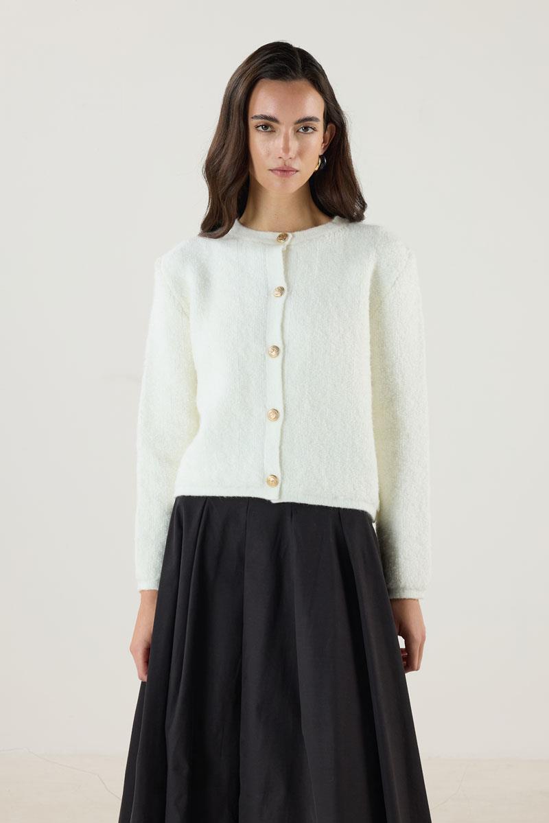 Gold Düğmeli Kalın Hırka Ekru