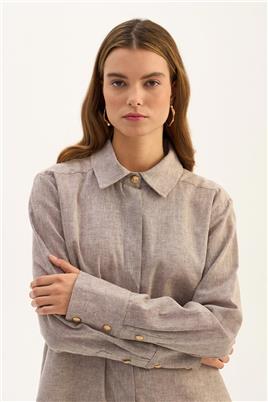 Gold Düğmeli Keten Gömlek Kahve