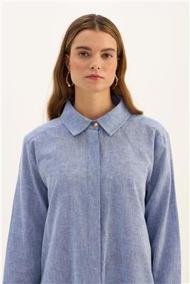 Gold Düğmeli Keten Gömlek Mavi