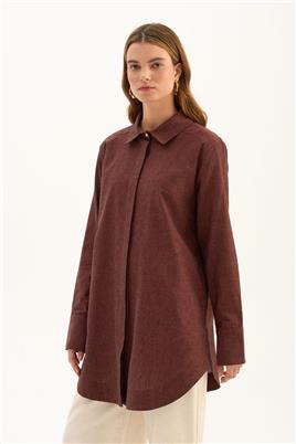 Gold Düğmeli Keten Gömlek Bordo