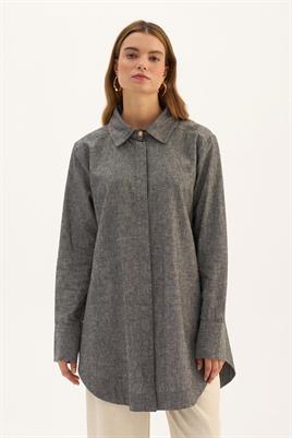 Gold Düğmeli Keten Gömlek Orta Gri