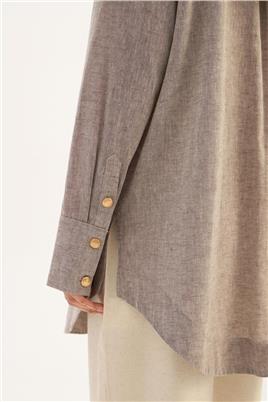 Gold Düğmeli Keten Gömlek Kahve