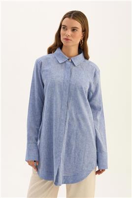 Gold Düğmeli Keten Gömlek Mavi