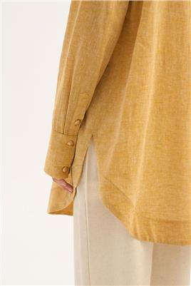 Gold Düğmeli Keten Gömlek Sarı