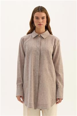 Gold Düğmeli Keten Gömlek Kahve