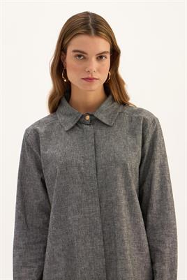 Gold Düğmeli Keten Gömlek Orta Gri