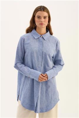 Gold Düğmeli Keten Gömlek Mavi