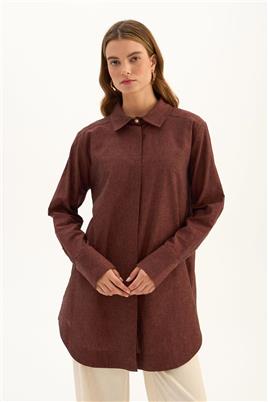Gold Düğmeli Keten Gömlek Bordo