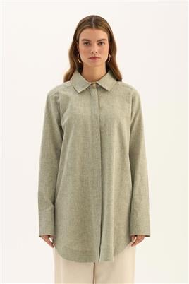 Gold Düğmeli Keten Gömlek Haki