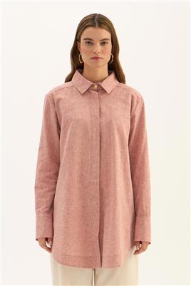 Gold Düğmeli Keten Gömlek Kiremit