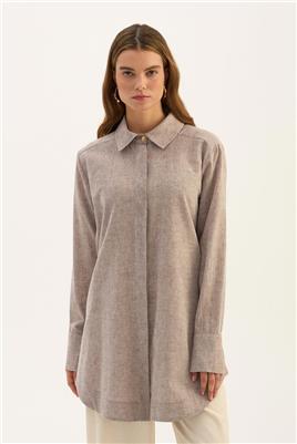 Gold Düğmeli Keten Gömlek Kahve