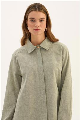 Gold Düğmeli Keten Gömlek Haki