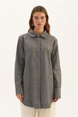 Gold Düğmeli Keten Gömlek Orta Gri