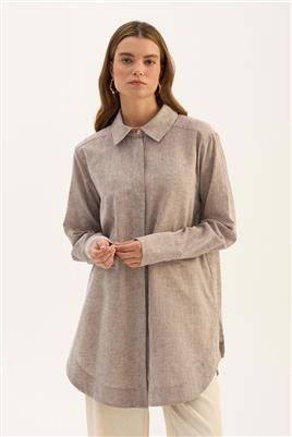 Gold Düğmeli Keten Gömlek Kahve