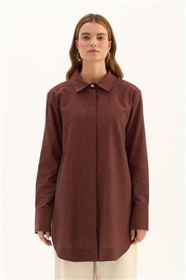 Gold Düğmeli Keten Gömlek Bordo