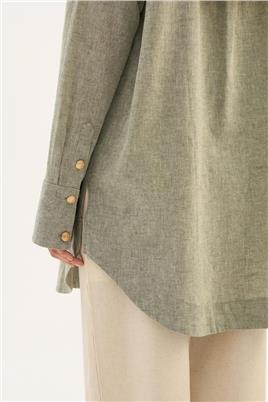 Gold Düğmeli Keten Gömlek Haki