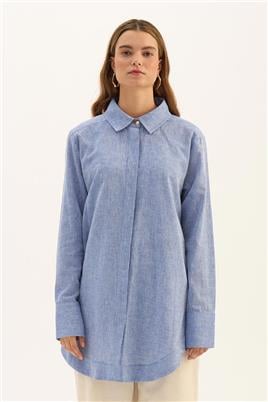 Gold Düğmeli Keten Gömlek Mavi