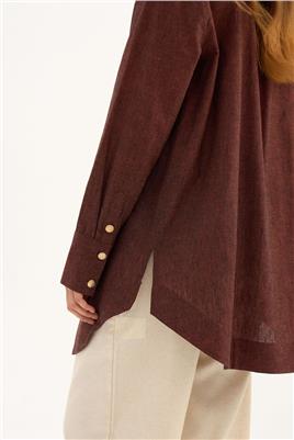 Gold Düğmeli Keten Gömlek Bordo