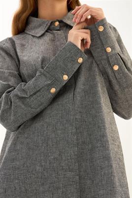 Gold Düğmeli Keten Gömlek Orta Gri