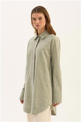 Gold Düğmeli Keten Gömlek Haki