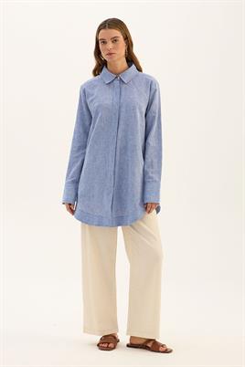 Gold Düğmeli Keten Gömlek Mavi
