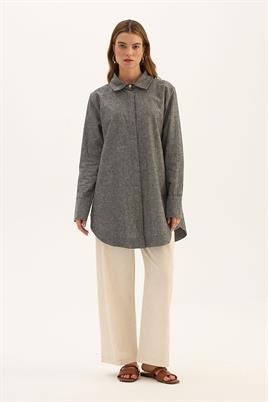 Gold Düğmeli Keten Gömlek Orta Gri