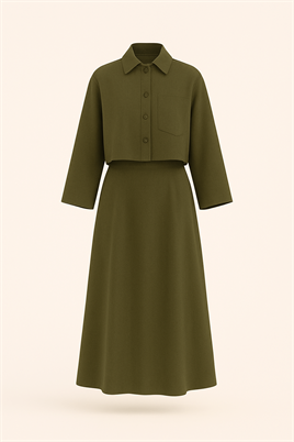 Haki Tek Cepli %100 Keten Gömlek, Kloş Etek Takım