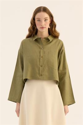 Haki Tek Cepli %100 Keten Gömlek, Kloş Etek Takım