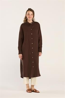 Hakim Yaka %100 Keten Tunik Acı kahve