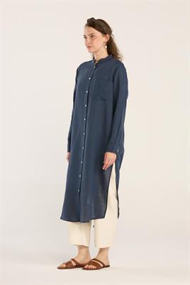 Hakim Yaka %100 Keten Tunik İndigo