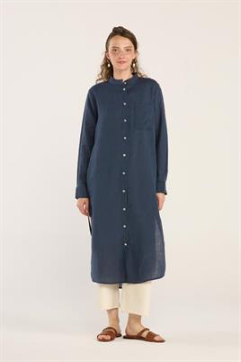 Hakim Yaka %100 Keten Tunik İndigo