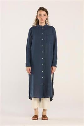 Hakim Yaka %100 Keten Tunik İndigo