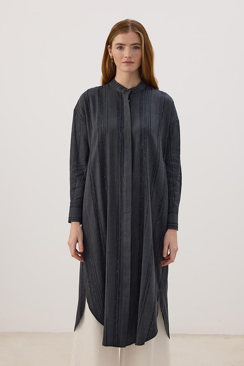 Hakim Yaka Çizgili Tunik Füme