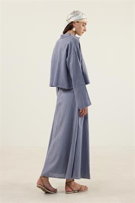 Havacı Mavisi Tek Cepli %100 Keten Gömlek, Kloş Etek Takım