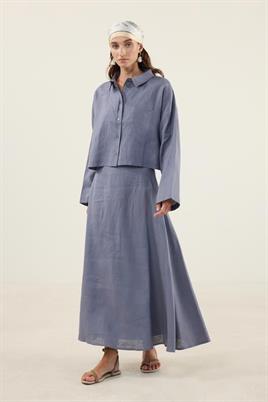 Havacı Mavisi Tek Cepli %100 Keten Gömlek, Kloş Etek Takım