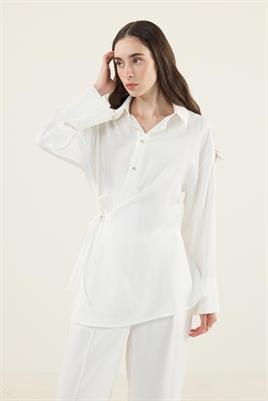 İnce Düğmeli Tensel Gömlek Ekru