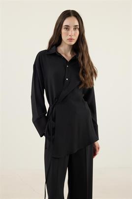 İnce Düğmeli Tensel Gömlek Siyah