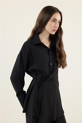 İnce Düğmeli Tensel Gömlek Siyah