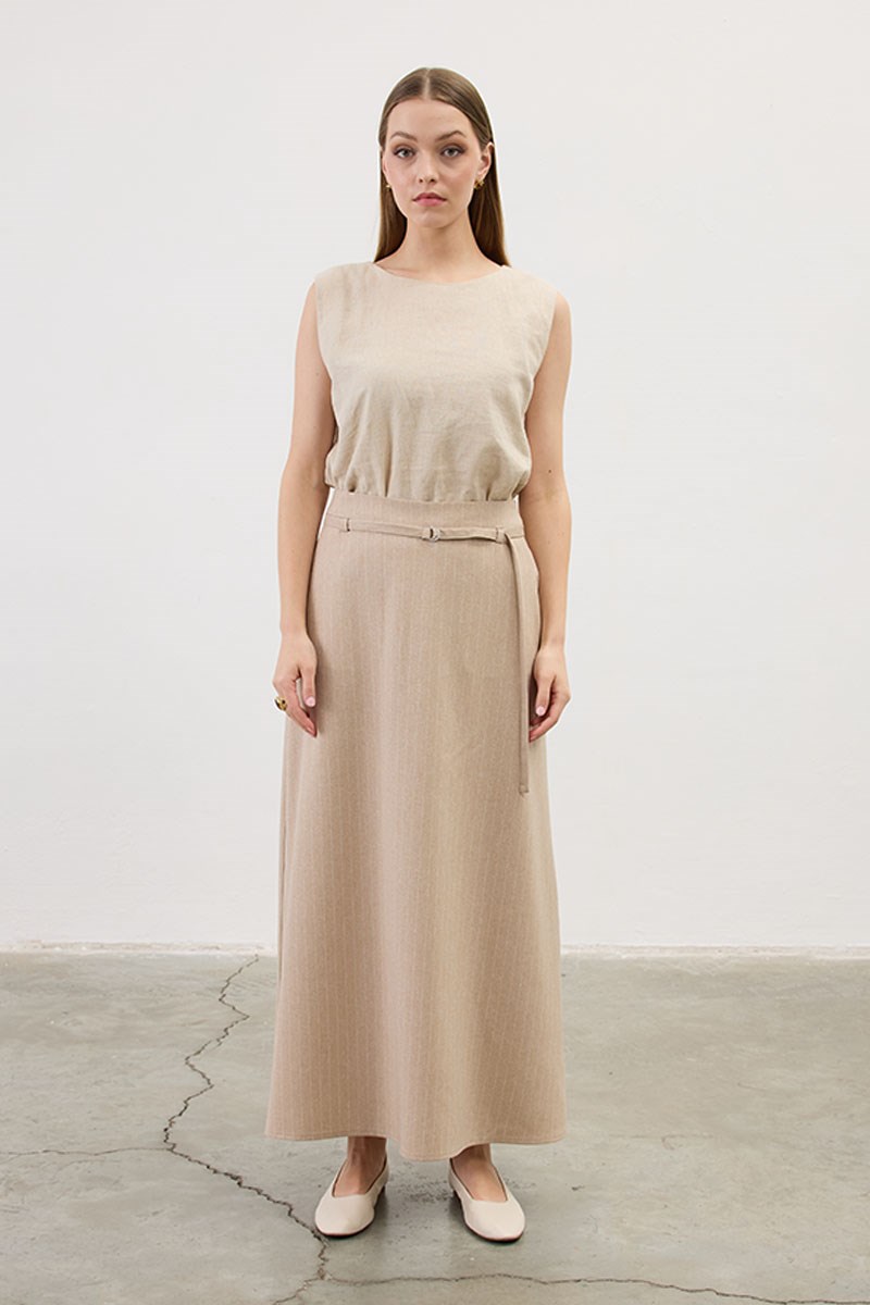 İnce Kemerli Çizgili Etek Bej